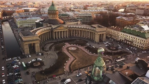 Aerial spring sunset view of Saint Petersburg Nevsky prospect Kafedralniy Sobor Stock Footage 107782453