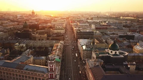 Aerial spring sunset view of Saint Petersburg Nevsky prospect Kazan Stock Footage 107782506