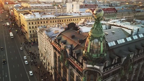 Aerial spring sunset view of Saint Petersburg Nevsky prospect Kazan roofs road Stock Footage 107782568