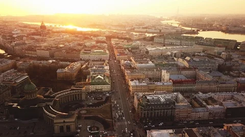 Aerial spring sunset view of Saint Petersburg Nevsky prospect Kazan cathedral Stock Footage 107782799