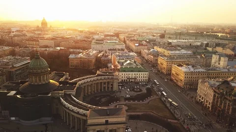 Aerial spring sunset view of Saint Petersburg Nevsky prospect Kazan cathedral Stock Footage 109511628