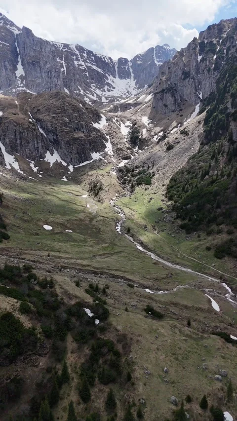 Aerial Spring View of Malaesti Valley with Stream Bucegi Romania Stock Footage 333982185