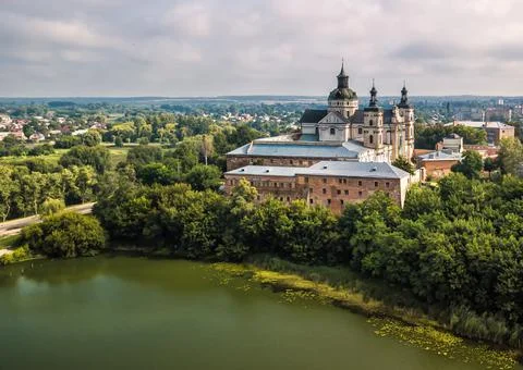 Aerial spring view of Monastery of the Bare Carmelites and lake in front of i Stock Photos