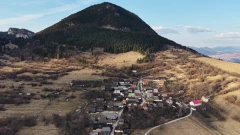 Aerial spring view of Vlkolinec UNESCO village near Ruzomberok Stock Footage 333957452