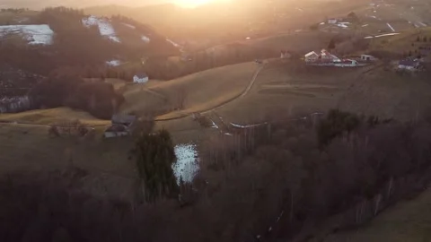 Aerial springtime view above the mountain valley, at Rucar-Bran pass, Moieciu -  Stock Footage 151253806