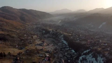 Aerial springtime view above the mountain valley, at Rucar-Bran pass, Moieciu -  Stock Footage 151253827