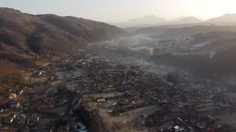 Aerial springtime view above the mountain valley, at Rucar-Bran pass, Moieciu -  Stock Footage 151253857