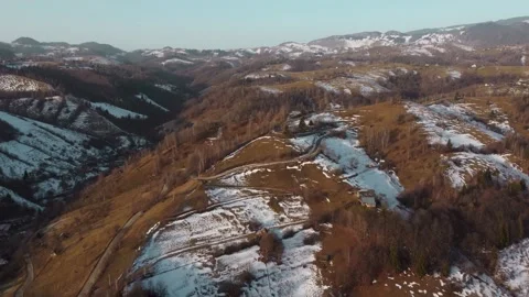 Aerial springtime view above the mountain valley, at Rucar-Bran pass, Moieciu -  Stock Footage 151253866