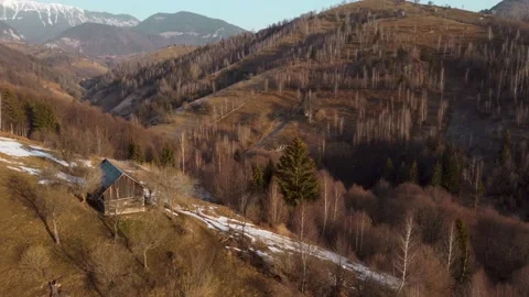 Aerial springtime view above the mountain valley, at Rucar-Bran pass, Moieciu -  Stock Footage 151253902