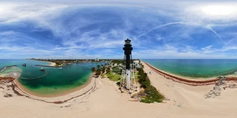 Aerial static 360 VR stock video Hillsboro Inlet Lighthouse Florida 2026 Stock Footage 334327461