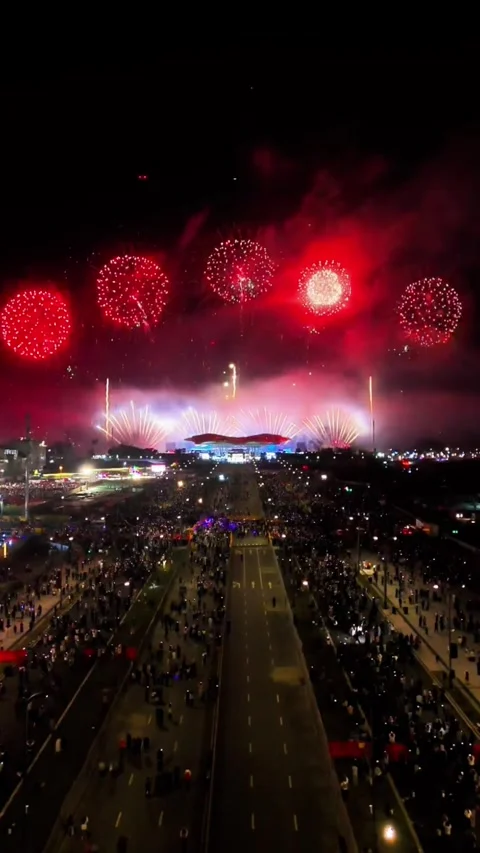 Aerial Static Time-lapse of Spring Festival Celebration with Crowded Streets Stock Footage 329078853