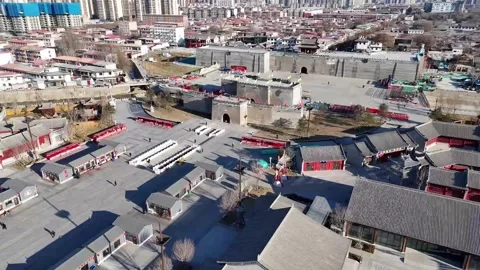 Aerial Static View of Ancient City Gate and Square in Zhengding, China Stock Footage 330107726