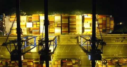 Aerial: static view the container ship anchored in the port quay from above - 9 스톡 동영상 98312089