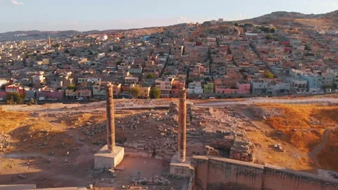 Aerial static view famous landmark dual columns on top Urfa castle with color Stock Footage 165446804