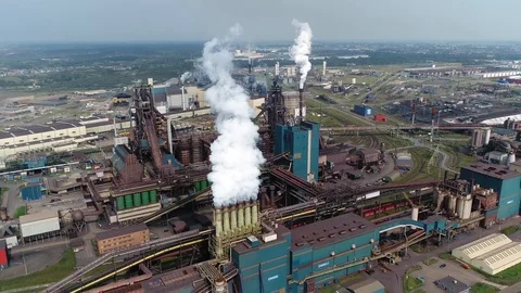 Aerial static view of steelmaking facilities blast furnace 4k Stock Footage 108167947