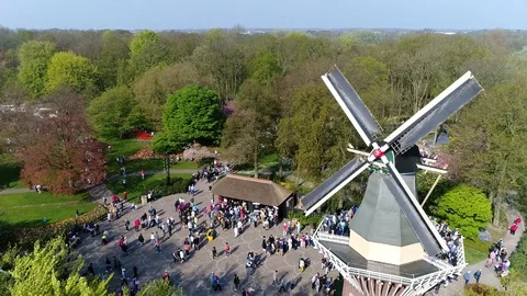 Aerial static view of typical Dutch windmill located at Keukenhof 4k Stock Footage 106304208