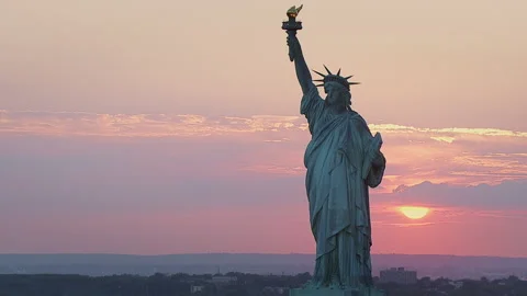 Aerial Statue Of Liberty Sunset Stock Footage