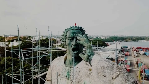 Aerial of statue in Santo Domingo, pullback shot Video stock 95412273