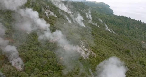 Aerial: The Steam Cliffs, geothermal activity, Tokaanu, New Zealand Stock Footage 247267230