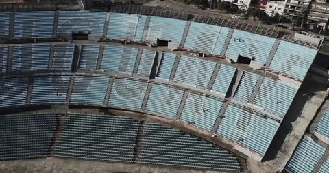 Aerial strafes to reveal URUGUAY text written in stands of Estadio Centenario Stock Footage