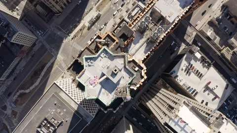 Aerial Straight Down Rotating Over Building Rooftops Downtown Detroit Stock Footage