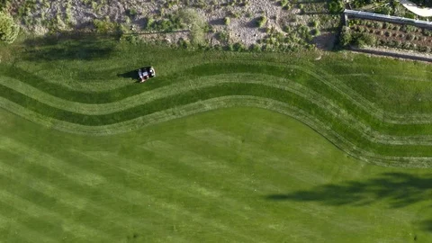 Aerial straight down view of groundskeeper mowing first cut rough on golf Stock Footage 124953478