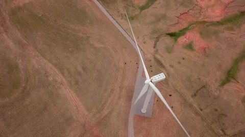 Aerial straight down view of wind turbine on the plains of the American midwest. Stock Footage 93199966