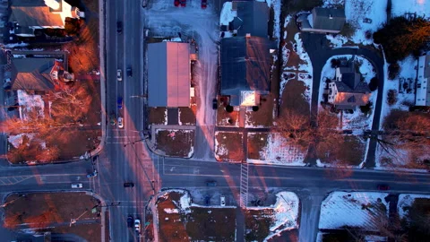 Aerial Straight Down Winter Sunset Over Massachusetts Small Town Intersection Stock Footage 170587709