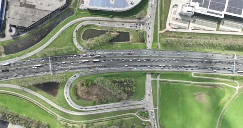 Aerial straight top down drone view on the A12 express way highway. Busy Stock Footage 274091442
