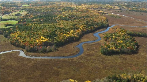 Aerial of stream passing through beautiful landscape covered with autumn forest Stock Footage 109135472