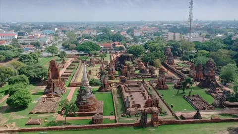 Aerial: Stupa Wat Mahatat in Ayutthaya, Thailand Stock Footage