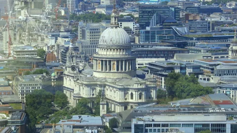 Aerial-style elevated view of St Paul’s Cathedral and surrounding City of London Stock Footage 321685854