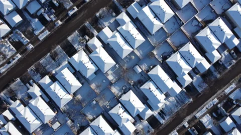 Aerial Suburban Houses Neighborhood Winter Snow Covered Roofs Stock Footage
