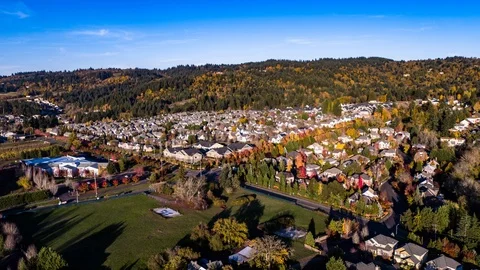 Aerial Suburbs in the Fall Stock Footage 98257093