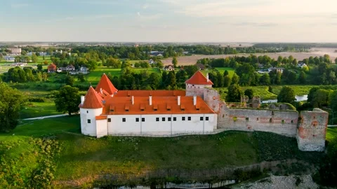 Aerial summer sunset view of Bauska Castle or Bauskas pils. Latvia. Stockbeeldmateriaal 284214902