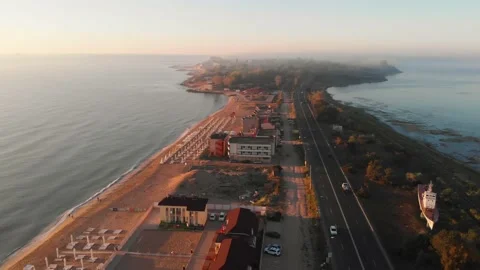 Aerial summer view of Eforie beach, at the Black Sea Coastline, Romania	 Stock Footage 139750806