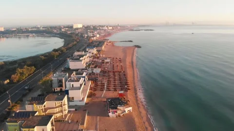 Aerial summer view of Eforie beach, at the Black Sea Coastline, Romania	 Stock Footage 139750837