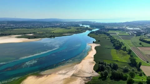 Aerial summer view of Ermatingen showing extreme drought and low water leve.. Video stock 323694096