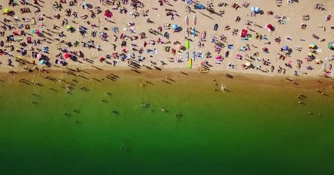 Aerial Summer View Of People Crowd Having Fun On Cascais Beach In Portugal Stock Footage