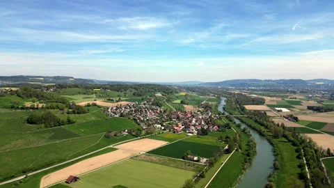 Aerial summer view of the Thurtal with the Thur river and surrounding landsca Video stock 323698643