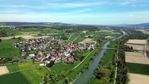 Aerial summer view of the Thurtal with the Thur river and surrounding landsca Stock Footage 323698658