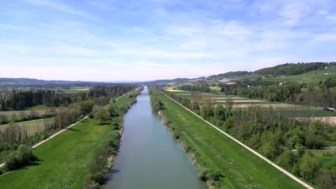 Aerial summer view of the Thurtal with the Thur river and surrounding landsca Stock Footage 323698673