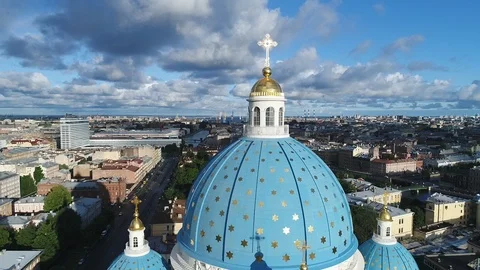 Aerial summer view on Trinity Cathedral in Saint-Petersburg. Stock Footage 91184331