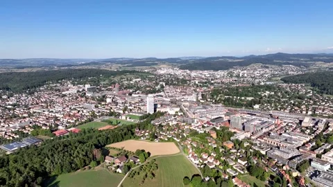 Aerial summer view of Winterthur with the Eulach river and clear blue sky Stock Footage 323698882