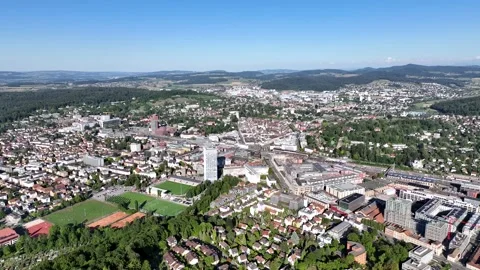 Aerial summer view of Winterthur with the Eulach river and clear blue sky Stock Footage 323698886