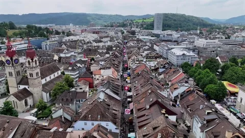 Aerial summer view of Winterthur old town during the Albanifest Stock Footage 323698901