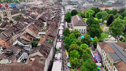 Aerial summer view of Winterthur old town during the Albanifest Stock Footage 323698904