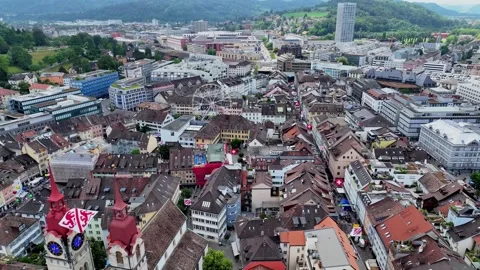 Aerial summer view of Winterthur old town during the Albanifest Stock Footage 323698907