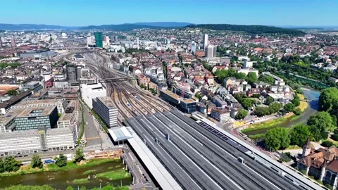 Aerial summer view of Zurich with panoramic cityscape under clear blue sky Stock Footage 323698917