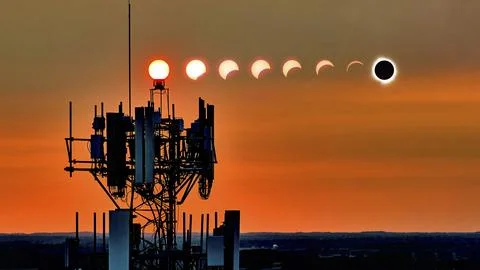 Aerial Sun Transition to Total Eclipse and Tower Silhouette at Sunset, Indiana Stock Photos